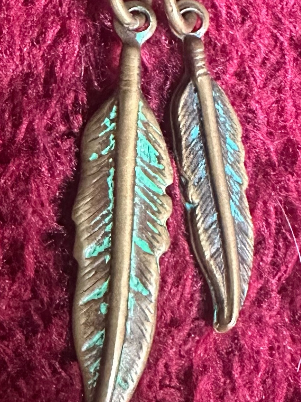 Brass Feather Pendant Duo w/Turquoise Color Patina